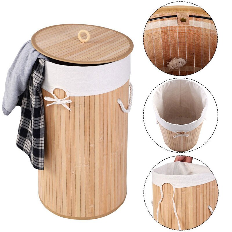 Round barrel Bamboo Laundry Basket Large Size Clothes Toys - beesdecorpro