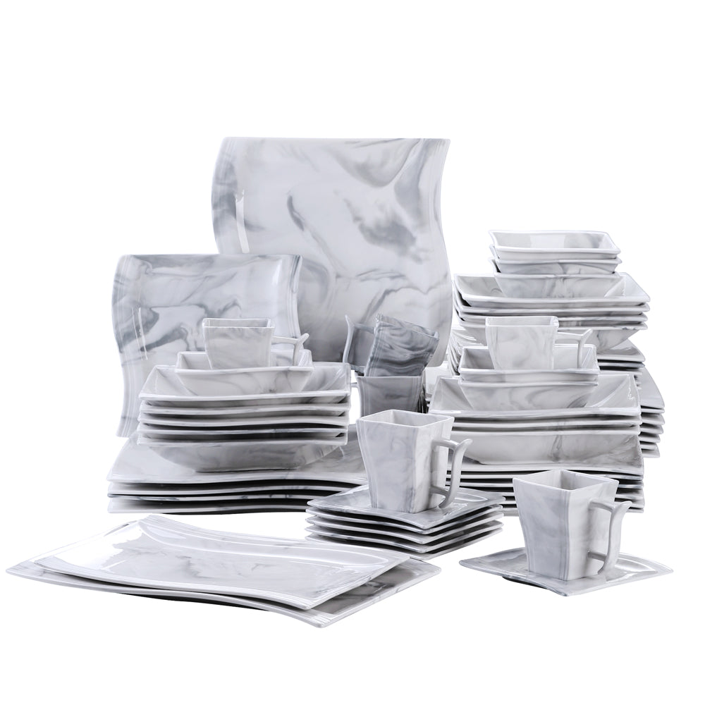 MALACASA FLORA 56-Piece Marble Grey Porcelain Dinner Set